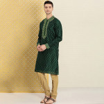 Men Green & Gold-Toned Ethnic Motifs Embroidered Thread Work Kurta