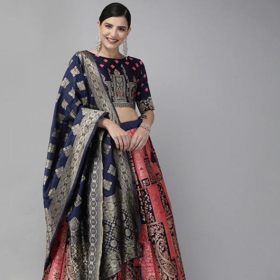 https://www.bloomwow.in/products/pink-navy-blue-woven-design-semi-stitched-lehenga-unstitched-blouse-with-dupatta