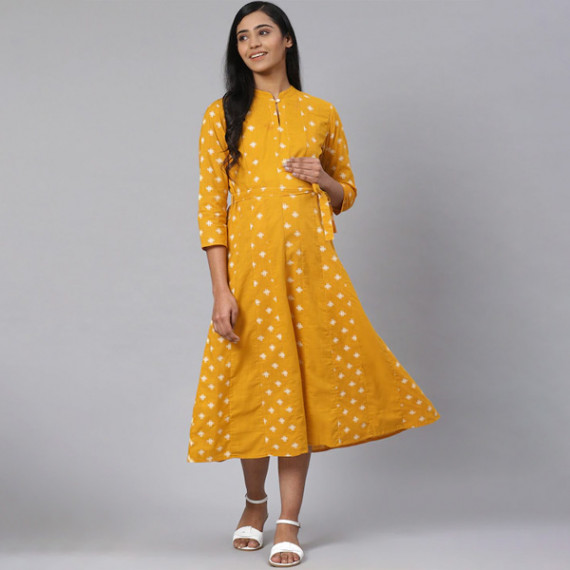 https://www.bloomwow.in/products/women-mustard-yellow-off-white-printed-pure-cotton-maternity-a-line-dress