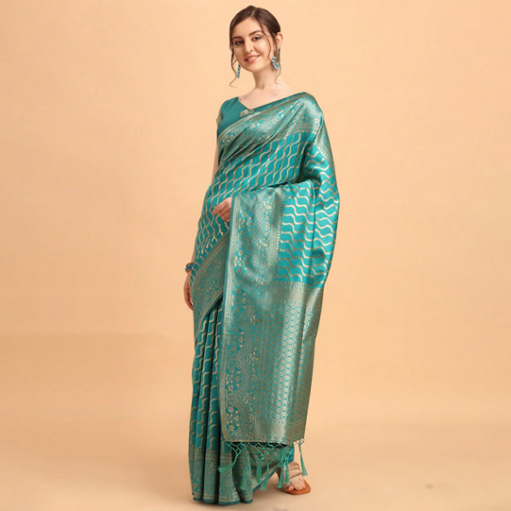 https://www.bloomwow.in/products/green-gold-toned-silk-blend-fusion-leheriya-saree